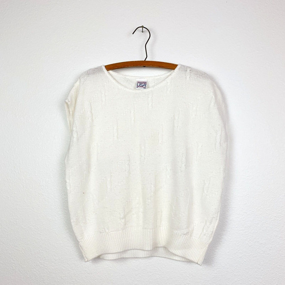 VINTAGE 80s Sweaters USA White Sleeveless Cap Sleeve Sweater Medium - Picture 1 of 4